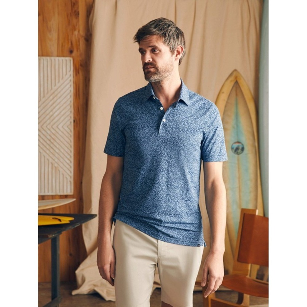 Faherty Movement Pique Polo Mens XL Blue Frond Print Pima Cotton Stretch